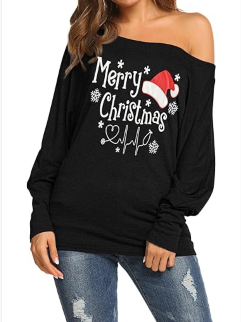 Merry Christmas Off-Shoulder Black Women's Sweater